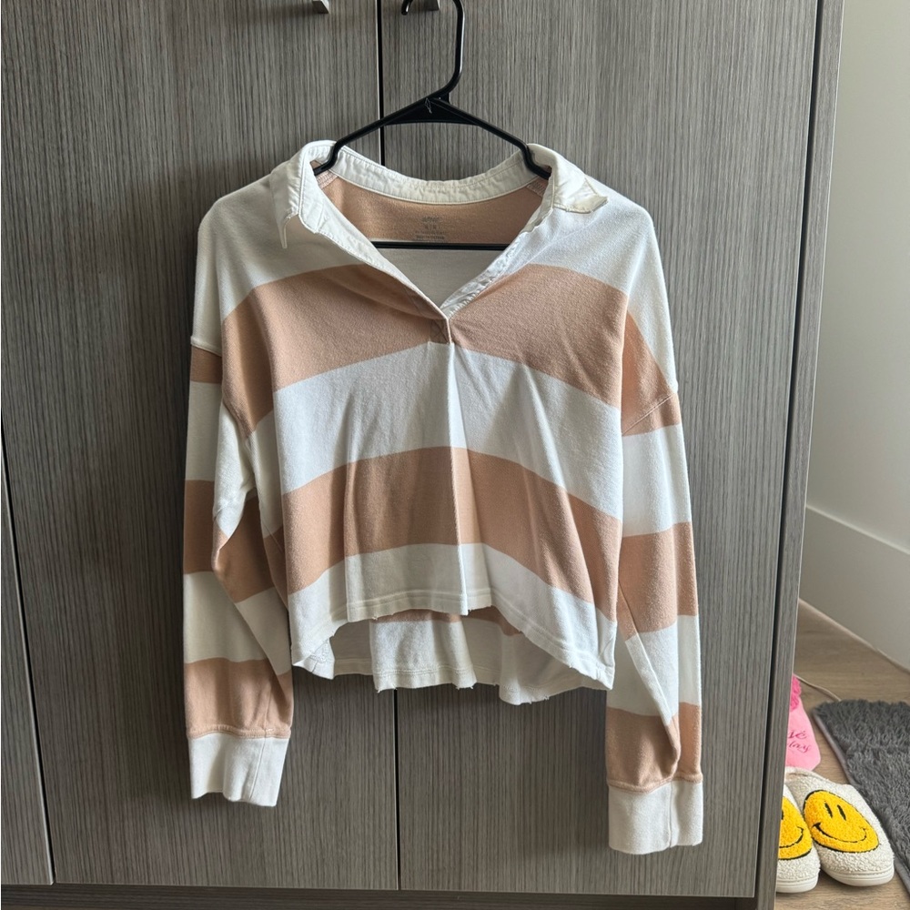 American Eagle Outfitters Tan and White Striped Long Sleeve Top